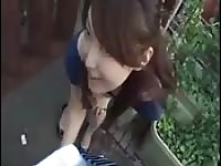 Hot asian girl gives blow job outside