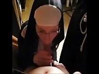 Naughty nun blows a long cock